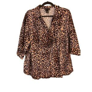 Lane Bryant Women's Size 18 Blouse Top Brown Cheetah Cotton Blend Collared